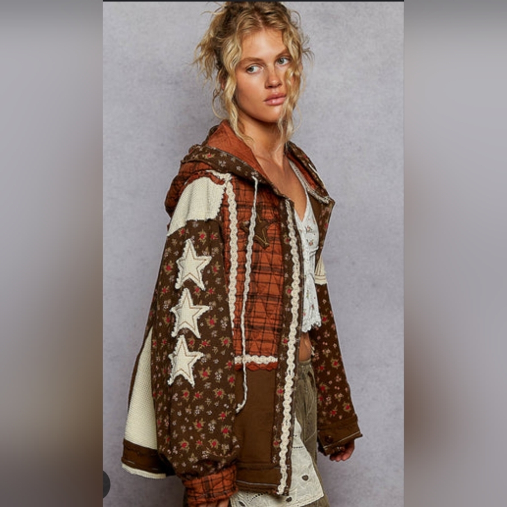 Brown Patchwork Jacket with Star Accents - image 2